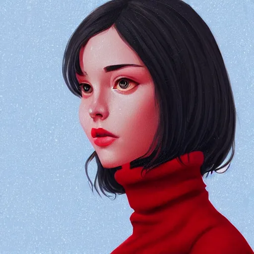 Image similar to girl in dark red turtleneck, black coat, elegant, 2d, ultra highly detailed, digital painting, smooth, sharp focus, artstation, portrait art by Ilya Kuvshinov