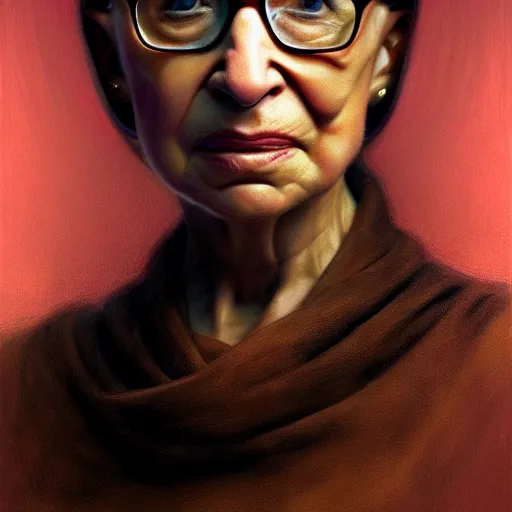 Image similar to a hyper - realistic character concept art portrait of young ruth bader ginsburg, depth of field background, artstation, award - winning realistic sci - fi concept art by jim burns and greg rutkowski, beksinski, a realism masterpiece, james gilleard, bruegel, alphonse mucha, and yoshitaka amano.