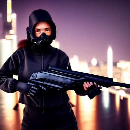 Prompt: photographic portrait of a techwear woman holding a shotgun, closeup, on the rooftop of a futuristic city at night, 4k, depth of field, high resolution, full color, Die Hard, movies with guns, movie firearms