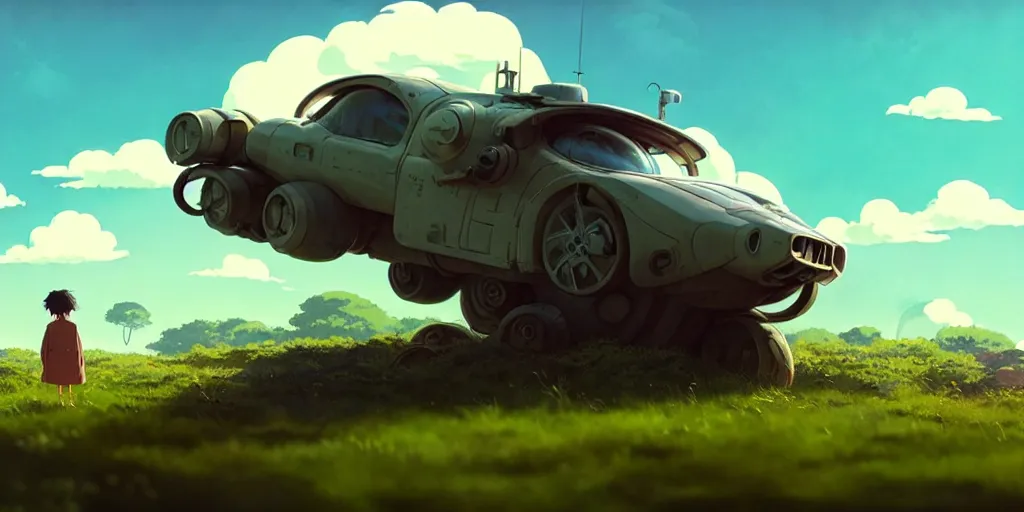 Prompt: a wholesome animation key shot of a post apocalyptic 8 0's robotic flying car, covered by nature hipster vibes by studio ghibli, animation, sharp, rendered in unreal engine 5, focused, anime key art by greg rutkowski, bloom, dramatic lighting