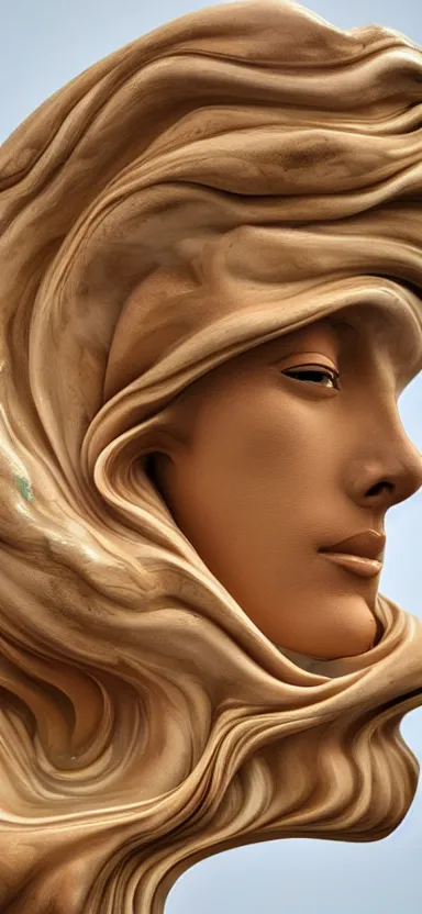 Image similar to epic, abstract sculpture of beautiful female face and swirling marbling liquifying acrylic painting, clouds, golden hour, beautiful light, 3 d sculpture of carving marble