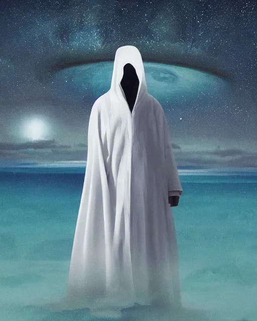 Image similar to a person wearing a white cloak standing in the water. a large planet is overhead. an album cover by stanley twardowicz, trending on cg society, retrofuturism, retrowave, chillwave, synthwave