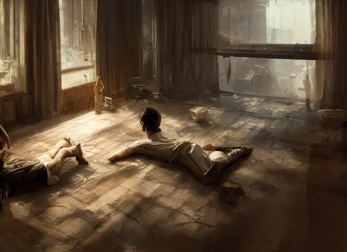 Prompt: the rich house and man lying on the floor alone around volumetric lighting, digital painting, highly detailed, artstation, sharp focus, illustration, concept art, ruan jia, steve mccurry, amazing composition