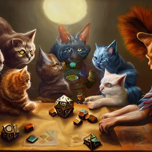 Image similar to party of cats playing dungeons and dragons, oil on canvas, surrealism, highly detailed, masterpiece, award - winning, artstationhd