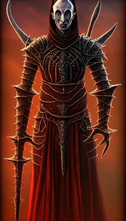 Image similar to hyperrealistic full body image of morrowind dunmer male nerevarine in front of balmora, red eyes, daedric script, telvanni, symmetrical face, handsome face, full body dnd character portrait, medieval armor, morrowind armor, oblivion armor, skyrim armor, eso armor, intricate, highly detailed, elegant, artstation, deviantart