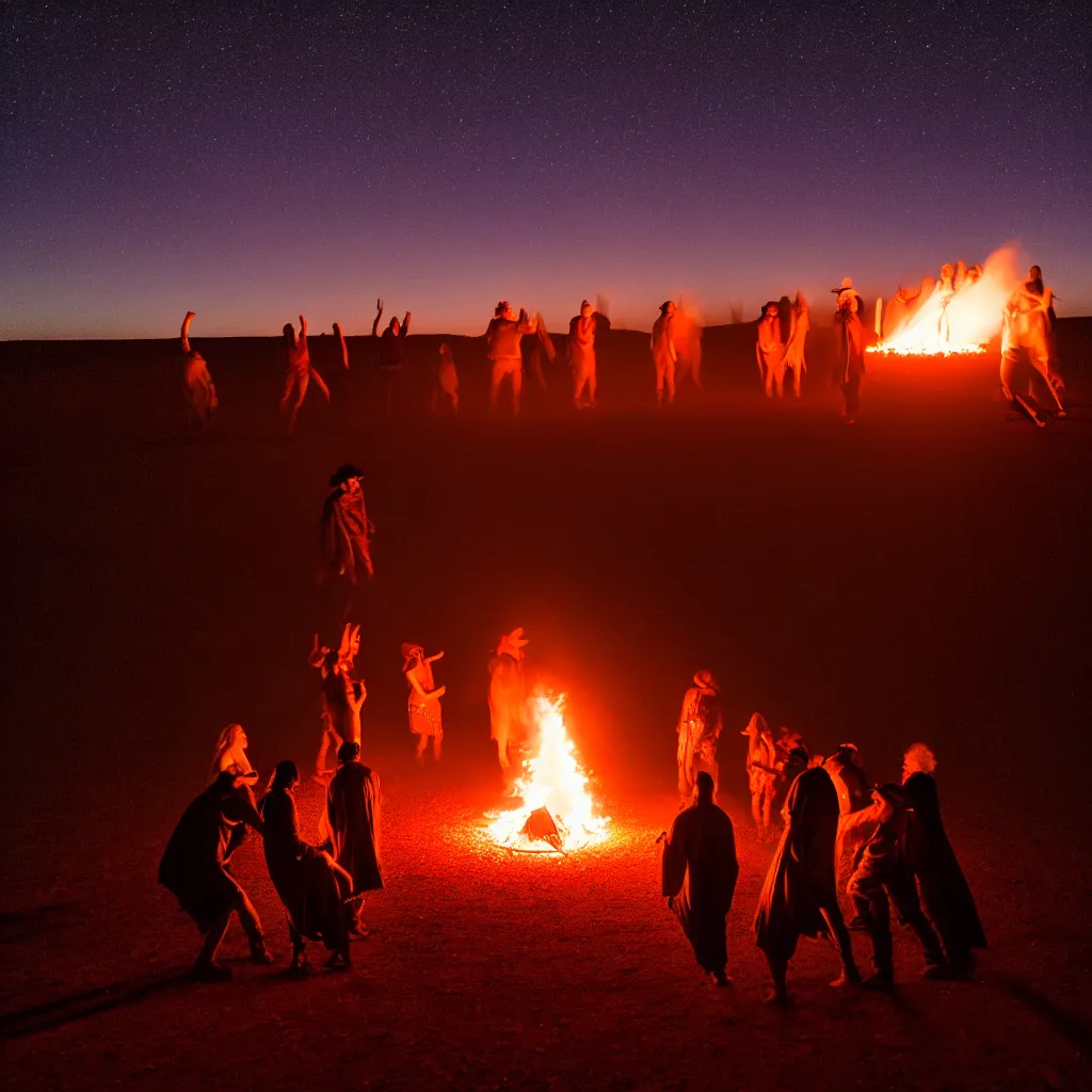 Prompt: atmospheric long exposure night photograph of three ravers, two men, one woman, woman is in a trenchcoat, blessing the soil at night, people facing fire circle, two aboriginal elders, dancefloor kismet, diverse costumes, clean composition, desert transition area, bonfire, atmospheric night, australian desert, symmetry, sony a 7 r