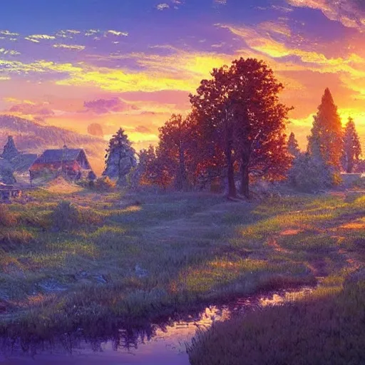 Image similar to a masterpiece detailed beautiful russian village, trees, lake, mountains, golden hour, sunset, by Makoto Shinkai