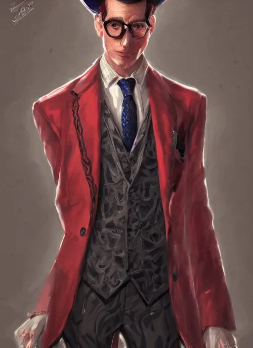 Image similar to a highly detailed illustration of stylish top hat wearing red haired attractive man, clean shaven, hyperdetailed face and eyes, wearing suit vest, nonchalantly leaning back pose, intricate, elegant, highly detailed, centered, digital painting, artstation, concept art, smooth, sharp focus, league of legends concept art, WLOP