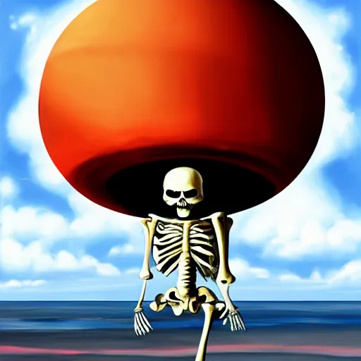 Prompt: relaxed skeleton walking on a tropical beach, nuclear mushroom cloud in the background, digital painting, high quality, trending on Artstation, realistic, tropical color scheme, anatomically correct skeleton, high coherence, clear blue sky