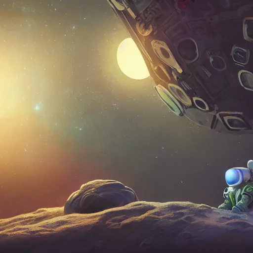 Prompt: astronaut sleeping in bed on moon, bioluminescence, vegetation, colorful, rim light, highly detailed, tilt shift, digital painting, concept art, smooth, sharp focus, pleasing aesthetics, 3 d render, octane render, disney pixar, 4 k