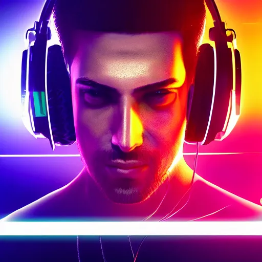 Prompt: electronic dj portrait, dj performing live streaming to online, cyberpunk 2 0 7 7, cyberpunk, photorealistic, ultra detailed, neon, octane, bokeh, cinematic lighting, cyber, cyberpunk city, headphones, studio quality, feature, scars, cyberface, 8 k