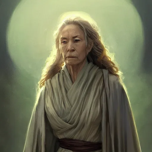 Image similar to portrait of a woman by greg rutkowski, grand jedi master jade skywalker, copper wavy hair, star wars expanded universe, she is about 7 0 years old, wearing jedi robes, wise and serene, highly detailed portrait, digital painting, artstation, concept art, smooth, sharp foccus ilustration, artstation hq