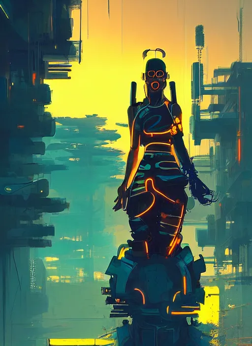 Image similar to tia carrera as cyberpunk samurai, golden and blue hour, by ismail inceoglu