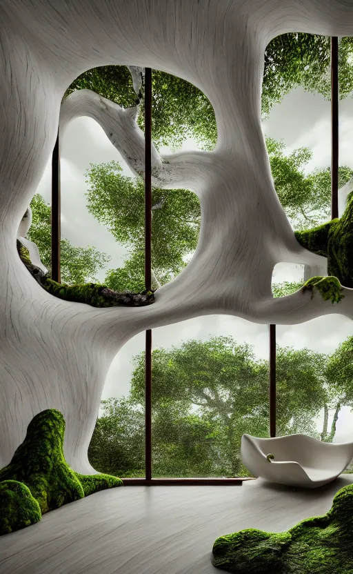 Image similar to highly detailed villa natural beautiful light interior soft cinematic composition of a smooth ceramic porcelain biomorphic magnolia stone nebula fluid sci - fi surreal colorful architecture landscape, furniture, granite, trees, marble, moss, lichen, fungi, vincent callebaut composition, mamou - mani, archviz, 8 k, unreal engine, hdr