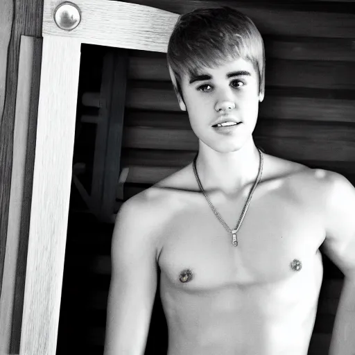 Prompt: high-resolution photograph of Justin Bieber in a sauna with hairy chest