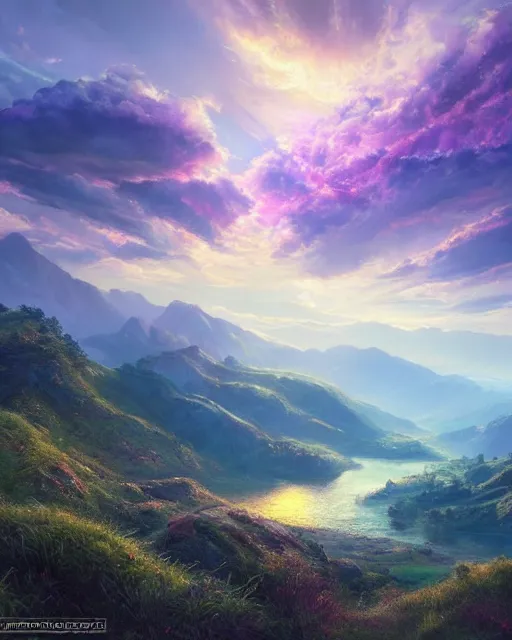 Prompt: A real photographic landscape painting with incomparable reality . Overlooking the mountains and rivers , lakes , clouds and sunshine ,burning clouds , Colorful world ,fairy tale , light effect , Dream , Dindar light , Greg Rutkowski , unreal engine , Super realistic painting style ,UE4,4k, UHD , super wide ,wlop ,artstation.