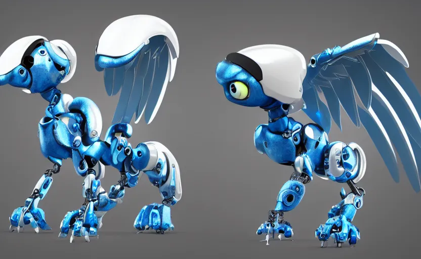 Image similar to cute robotic griffin, white and blue metal, in the style of Pixar, CGI, trending on art station, 8K