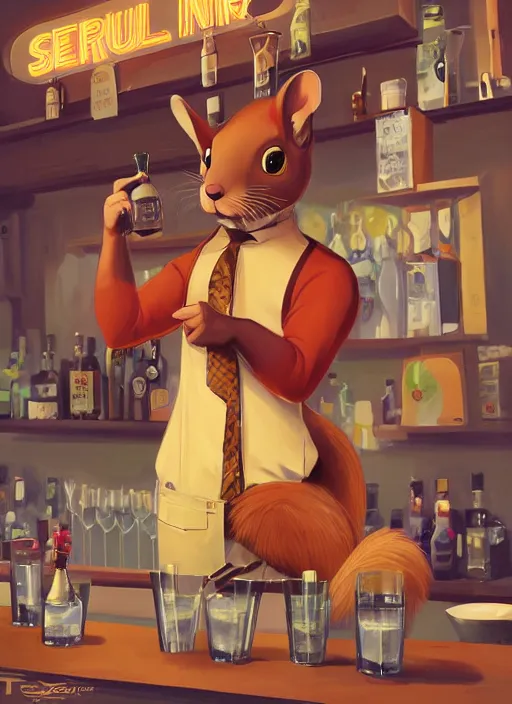 Image similar to squirrel anthro as a dapper bartender with a big, fluffy tail, retro futurism, art deco, detailed, painterly, digital art by WLOP and Cory Loftis, 🐿🍸🍋, furaffinity, trending on artstation