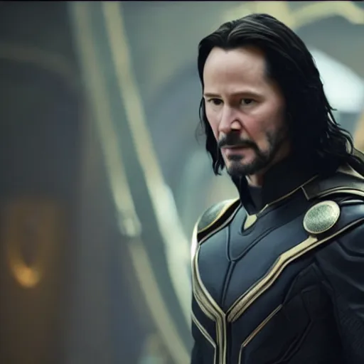 Image similar to film still of Keanu Reeves as Loki wearing the horned helmet in Avengers Endgame