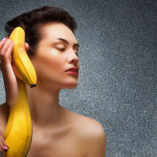 Image similar to close up photography of a woman that is about to bite into a banana, profile, close camera