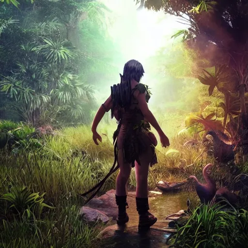 Prompt: realistic final fantasy character walking through a jungle, atmosperic, dramatic lighting, trending on artstation, ark survival evolved