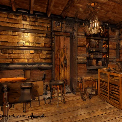 Prompt: Interior design Tavern in Mixed style Medieval and Cybepunk, Many details