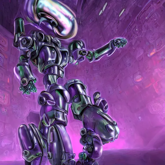 Prompt: detailed shot of inside a cavernous living stomach of a mecha goddess, the walls purple and pulsing, lots of acid pooling up on the floor, digesting and dissolving a small human as it thrashes in acid, food pov, micro pov, vore, digital art, furry art, anthro art, high quality, 8k 3D realistic, macro art, micro art, Furaffinity, Deviantart, Eka's Portal, G6