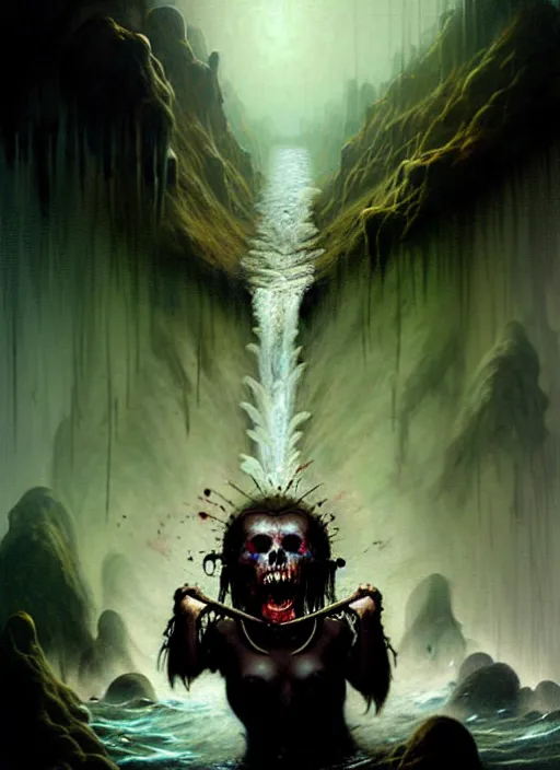 Image similar to a screaming sasquatch in the river styx of the underworld, frank frank frazetta, blood splatters, charlie bowater and tom bagshaw, insanely detailed, deviantart, atoms surrounded by skulls, death, and spirits flying, water fall, horror, sci - fi, surrealist painting, by peter mohrbacher