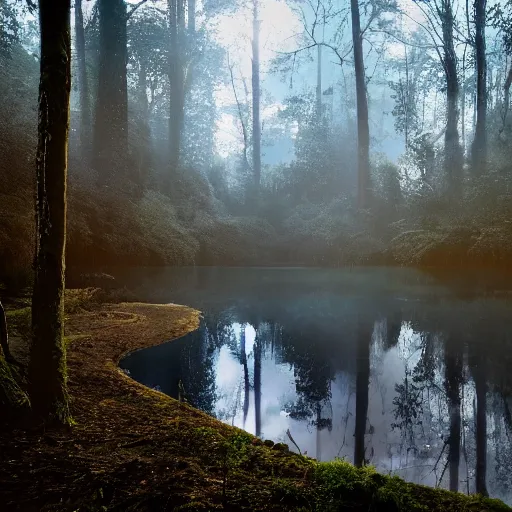 Image similar to a photo of a dream world, forest, river, red spotlight, dark lighting, reflective surface, unreal engine