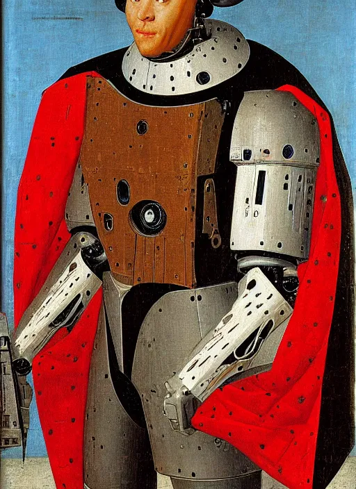 Prompt: a portrait of ED-209 by Jan van Eyck