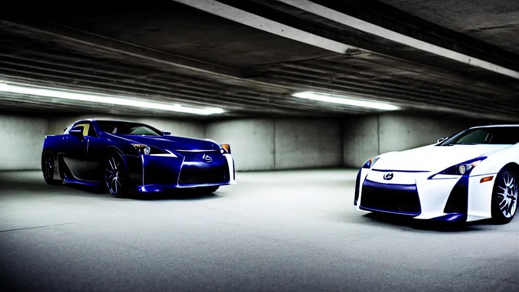 Image similar to a three quarter shot of a lexus lfa in a parking garage, 4k, hyper realistic, car photography