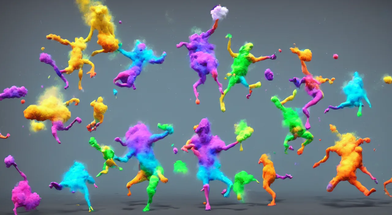 Image similar to levitating colorful powder creatures with exploding dust particles, rendered with unreal engine 5, high resolution, dramatic lighting