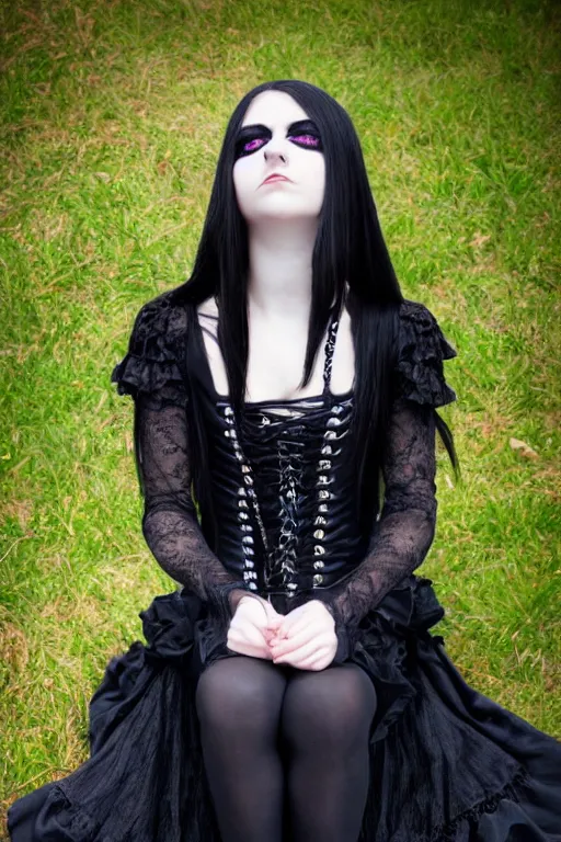 Image similar to full - length photo, young woman, sitting on her knees, gothic clothes, 4 k, colourful