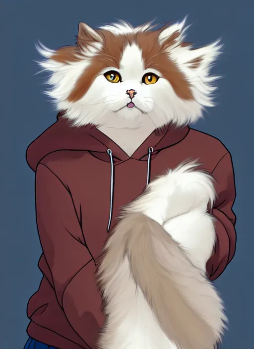 Prompt: teen boy with brown hair and big blue eyes, wearing a hoodie, fluffy white persian cat, natural lighting, path traced, highly detailed, high quality, cartoon, digital painting, by don bluth and ross tran and studio ghibli and alphonse mucha