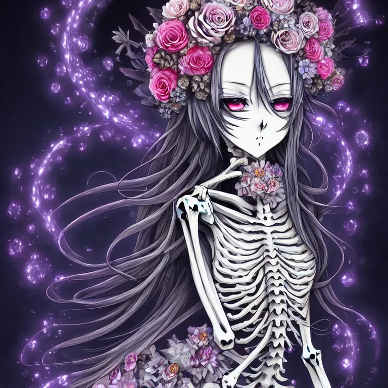 Image similar to stunning anime goddess hybrid skeleton of the floral river flowers, beautiful gothic dress in a dark romance, misty, by hironaka, harumi, in the style of gores, derek, hironaka, harumi, intricate, beautiful, artstation 8 k, high resolution sparkling atom fractals of jewls cords, by alex grey and ketner, jeremiah