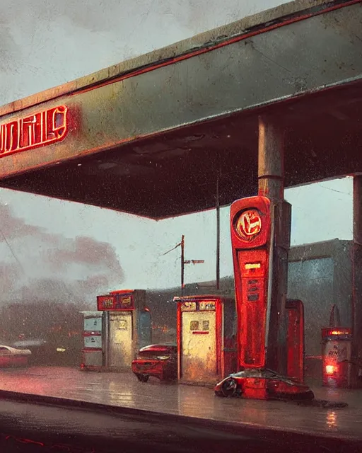 Image similar to a highly detailed epic cinematic concept art CG render digital painting artwork: Soviet gas station, lightning storm. By Greg Rutkowski, in the style of Francis Bacon and Syd Mead and Norman Rockwell and Beksinski, open ceiling, highly detailed, painted by Francis Bacon and Edward Hopper, painted by James Gilleard, surrealism, airbrush, Ilya Kuvshinov, WLOP, Stanley Artgerm, very coherent, triadic color scheme, art by Takato Yamamoto and James Jean