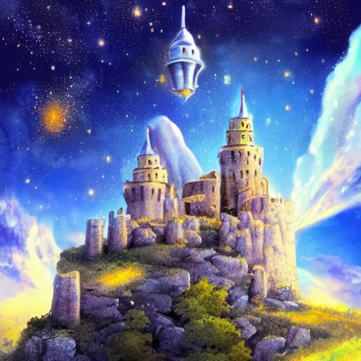 Image similar to stone castle with golden bell ontop of a mountain, space sky, anime illustration,