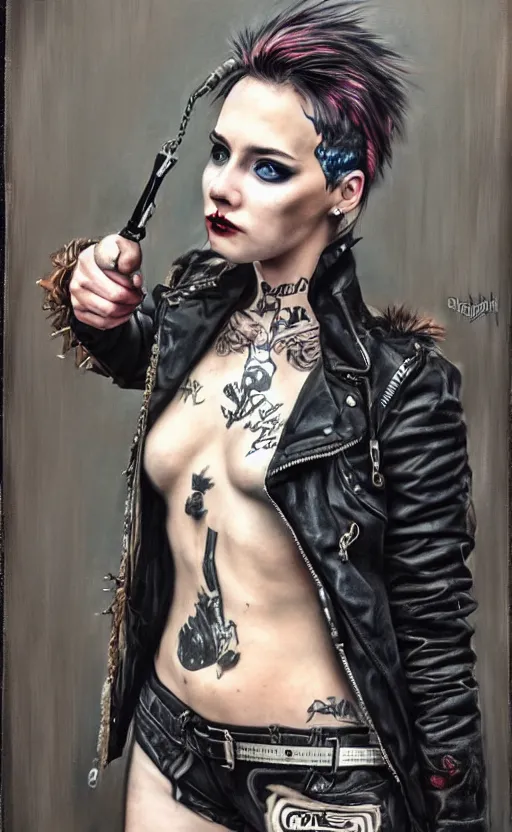 Image similar to cute punk rock girl making selfie, mad max jacket, renaissance, cables on her body, hyper realistic style, oil painting, fantasy by Olga Fedorova