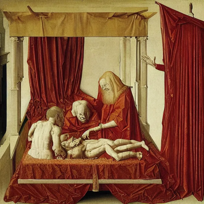 Prompt: three monsters jumping on the bed with white cloth and baldachin. jan van eyck