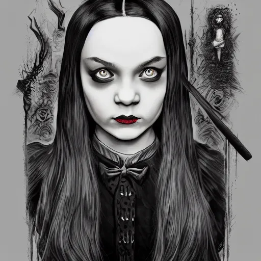 Image similar to Wednesday Addams casting dark magic, gothic art, subdued color, detailed, eerie, emotional, gothic, sad, agitated, highly detailed, incredibly sharp focus, Artstation, deviantart, artgem, insane detail, intense black line art, precision detail, golden ratio, in the style of Heavy Metal Comics