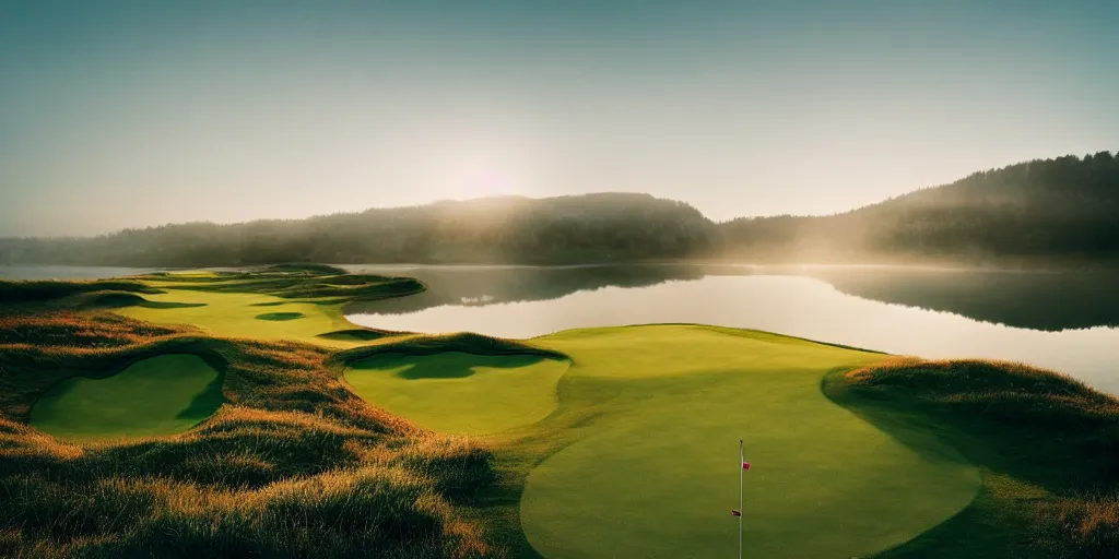 Image similar to a great photograph of the most amazing golf hole in the world completely surrounded by water, calm water, perfect light, ambient light, 5 0 mm, golf digest, top 1 0 0, fog