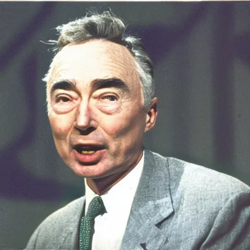 Image similar to color photo of robert oppenheimer giving ted talk