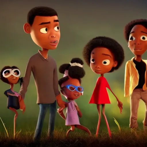 Image similar to stunning, coherent, impressive, still of black family, follow shot, 3d, in the style of pixar, comic book style, 3d, highly detailed, 16k resolution, octane renderer, coherent, cinematic lighting