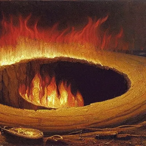 Image similar to a painting of the end of all time, there is a giant hole forming in the earth leading to the core of the earth and millions are being burned alive by the fire coming out of the hole, 8 k, by francis danby