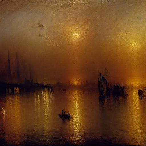 Prompt: high quality oil painting by j. m. w. turner, hudson river with manhattan skyline