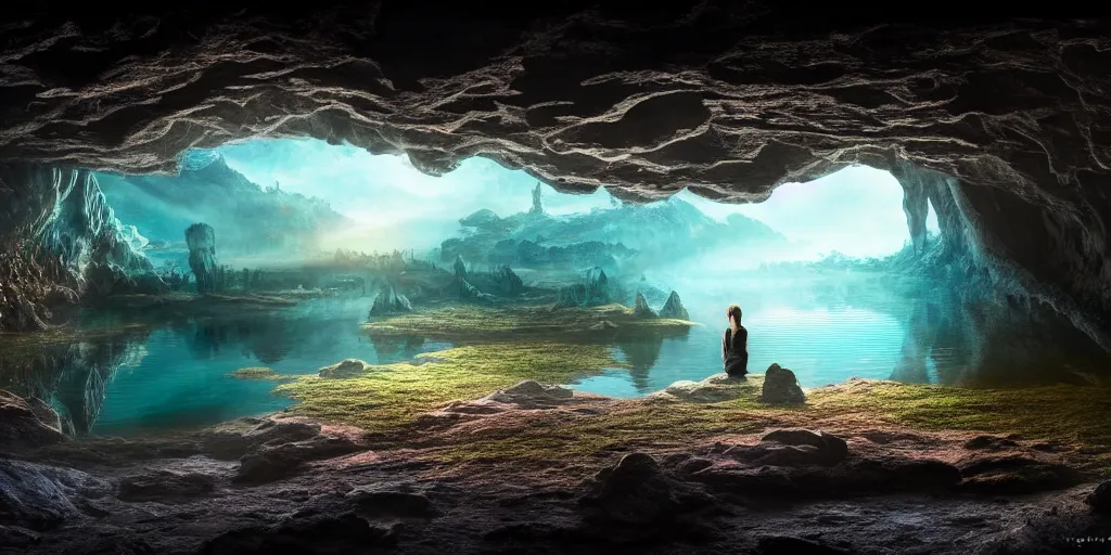 Prompt: lake in underground cave landscape. cave. cavern. fantasy magic style. highly detailed 8 k. intricate. lifelike. epic. movie poster. soft light. volumetric light. sony a 7 r iv 5 5 mm. cinematic post - processing