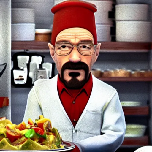 Image similar to walter white in ratatouille cooking with rat friend