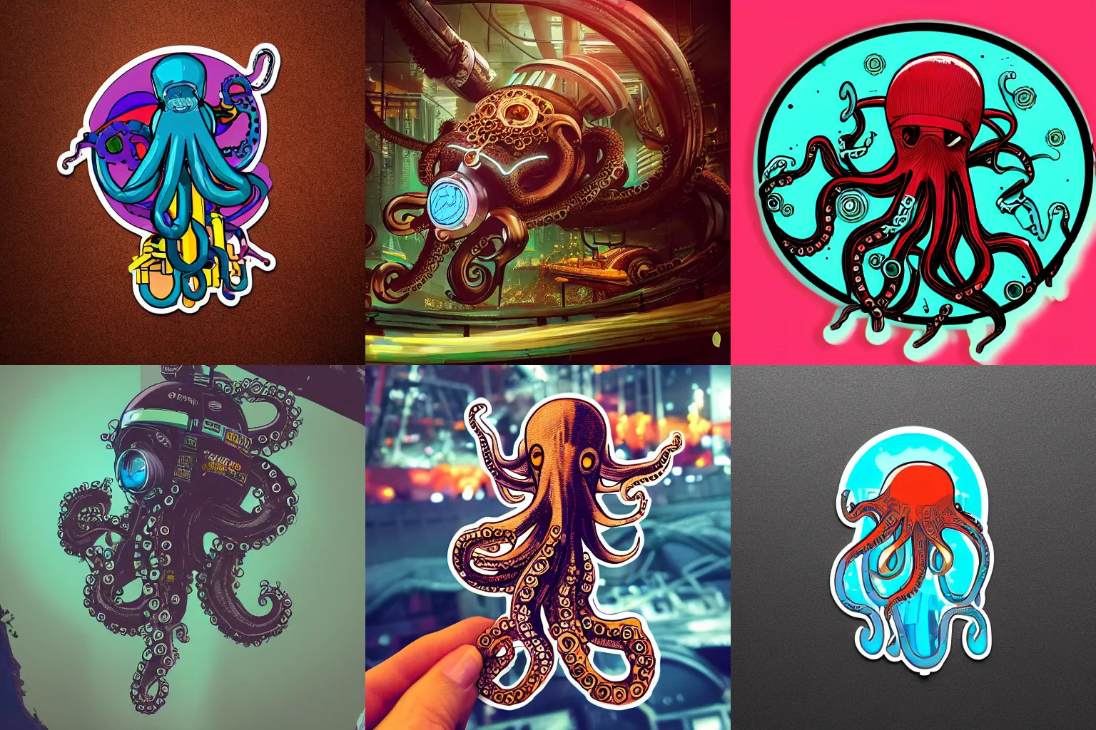 Prompt: sticker of a mechanical octopus in a scenic environment, cyberpunk, mechanical parts, electric sparks, trending on artstation