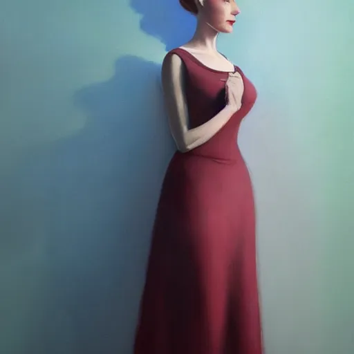 Image similar to beautiful woman in elegant clothing under soft blue light and standing in a burgundy room with vacant stare by edward hopper, arcimboldo, david lynch, greg rutkowski,, trending on artstation