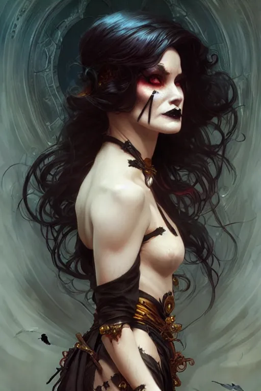Prompt: halloween witch woman, fantasy magic, undercut hairstyle, intricate, elegant, sharp focus, illustration, highly detailed, digital painting, concept art, matte, art by wlop and artgerm and greg rutkowski and alphonse mucha, masterpiece